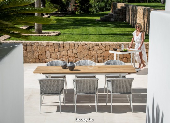 Jati Kebon Fortuna Rope Chaise de jardin avec accoudoirs Sunbrella natte grey chine nat 10022 quick dry foam Aluminium blanc .