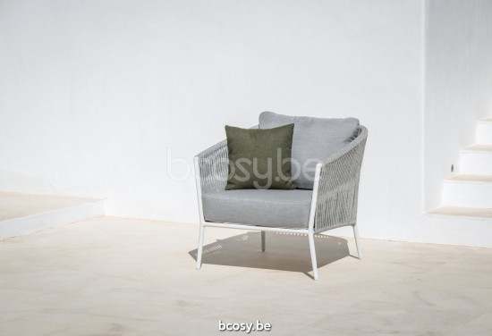 Jati Kebon Fortuna Rope Sofa 1-zits Sunbrella natte grey chine nat 10022 quick dry foam Wit mat aluminium Koord Lichtgrijs me.