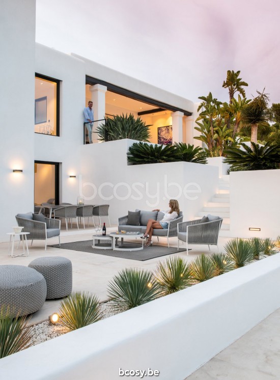 Jati Kebon Fortuna Rope Sofa 1-Sitzer Sunbrella natte grey chine nat 10022 quick dry foam Weißes mattes Aluminium Schnur Hell.