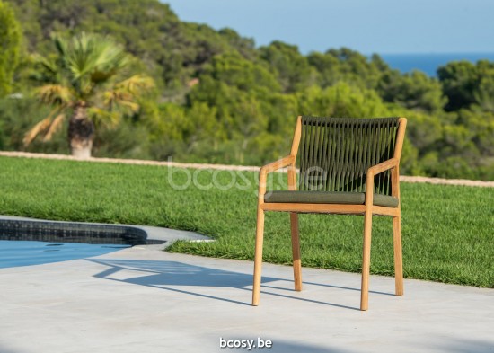 Jati Kebon Ritz Teak Chaise de jardin avec accoudoirs Sans coussins Corde Kaki.