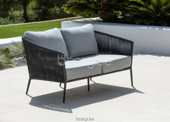 Jati Kebon Fortuna Rope Sofa 2,5-zits Sunbrella natte grey chine nat 10022 quick dry foam Antraciet mat aluminium Koord Antra.