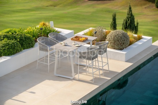 Jati Kebon Fortuna Rope Barstoel met armleuningen Sunbrella natte grey chine nat 10022 quick dry foam Wit mat aluminium Koord.