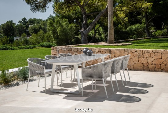 Jati Kebon Fortuna Rope Chaise de jardin avec accoudoirs Sunbrella natte grey chine nat 10022 quick dry foam Aluminium blanc .