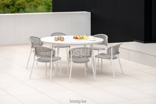 Jati Kebon Butterfly Stapelbarer Sessel Ohne kissen Weißes mattes Aluminium Schnur Hellgrau melange.