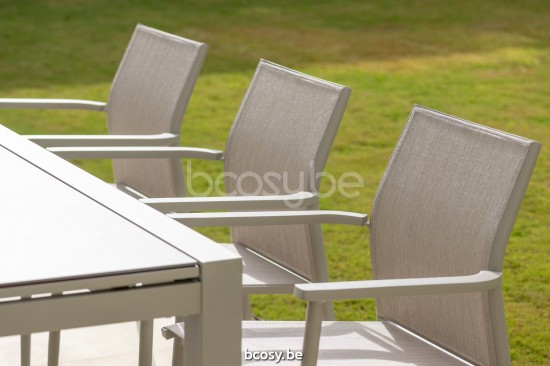 Jati Kebon Loya Stackable Arm Chair Alu Sand Mat Batyline Sand.