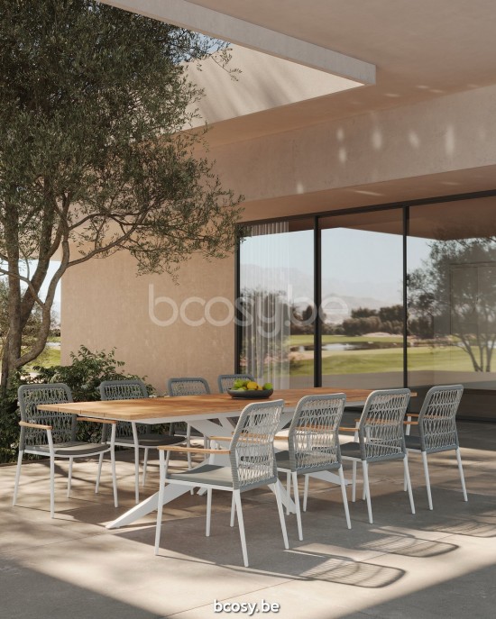 Jati Kebon Loya Stapelbare arm stoel Zonder kussens Wit mat aluminium Koord Lichtgrijs melange.