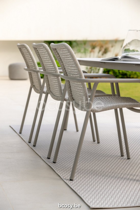 Jati Kebon Durham Stackable Arm Chair Alu Sand Mat Rope Linnen Open Weaving.