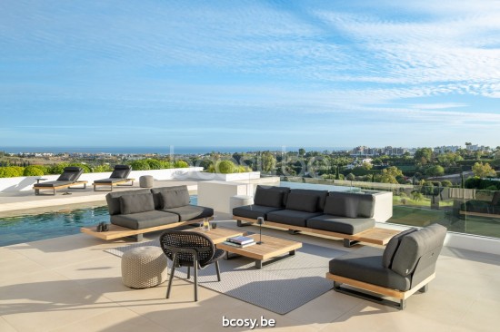 Jati Kebon Truro Garten Couchtisch Aluminium anthrazit matt Tischplatte Teakholz.