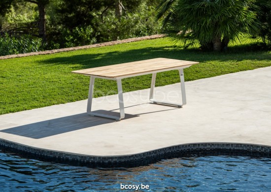 Jati Kebon Elko Table de jardin Aluminium blanc mat Dessus de table Teck.