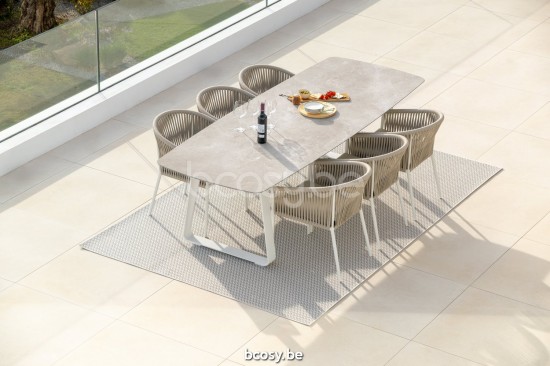 Jati Kebon Elko Table de jardin Aluminium blanc mat Dessus de table Céramique Palladium grey 12mm.