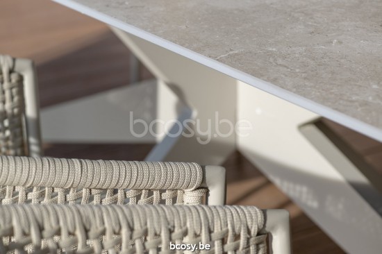 Jati Kebon Yate Table de jardin Aluminium blanc mat Dessus de table Céramique Palladium grey 12mm.