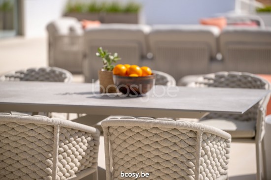 Jati Kebon Yate Tuintafel Zandkleur Tafelblad Keramisch Palladium grey 12mm.