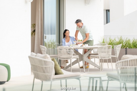 Jati Kebon Yate Tuintafel Zandkleur Tafelblad Keramisch Chianca 12mm.