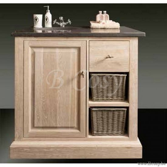 Lee & Lewis Timeless Living BATHROOM landelijke badkamer Cottage stijl badkamer met wasbekken onderkast 1 deur 1 lade 2 manden white washed eik Landelijke Eiken Wastafel Met 2 Manden 90 BATH 021W BATH
