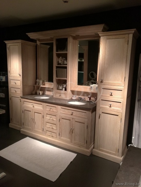 COTTAGE COUNTRY CLASSIC BATHROOM CABINET OAK 2 SINKS TIMELESS LIVING Lee Lewis BATH 032W BATHROOM Cabinet 2p oak white wash LED lighting with stone Lee&Lewis Cosy Cottage BAD White Wash EIK country co