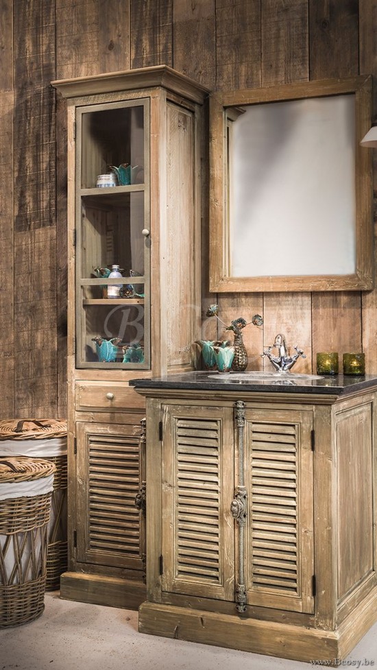 COTTAGE COUNTRY BATHROOM FURNITURE CABINET LOUVER DOORS OLD PINE Lee Lewis BATH 110W BATHROOM Cabinet old pine olive louvre doors stone and 1 sink Lee&Lewis Cosy Cottage BAD LOUVRES country cottage st