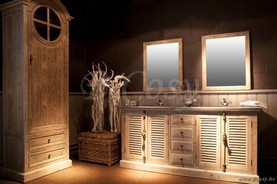 Maisons du monde 121765 Persiennes Meubel met 2 wasbakken van gerecycled grenen en antracietkleurige blauwe steen COTTAGE COUNTRY LANDELIJK BADKAMERMEUBEL MET NATUURSTEEN EN 2 LAVABO'S TIMELESS LIVING