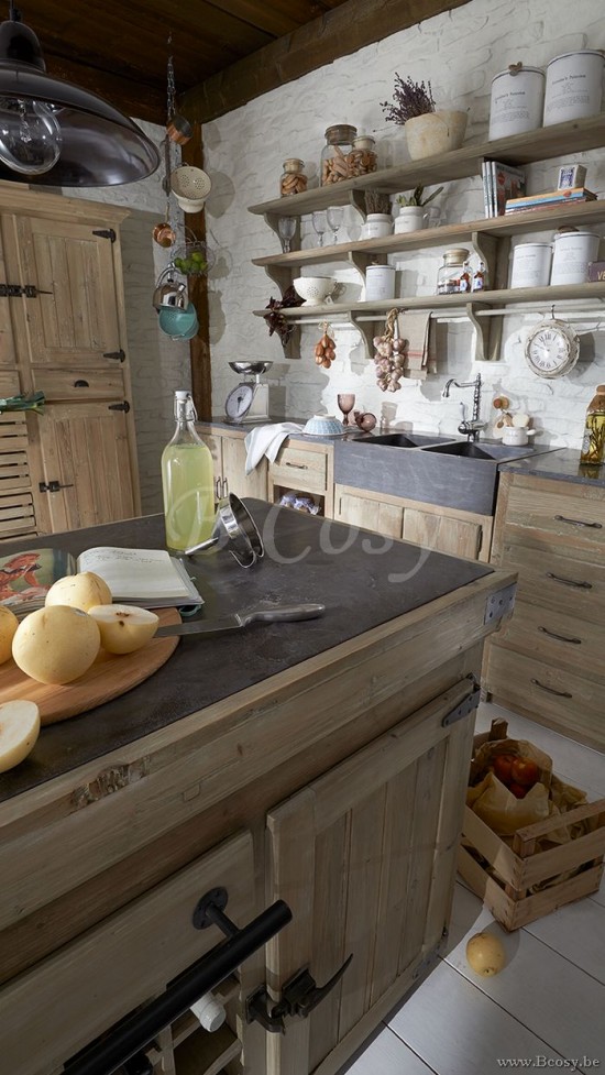 Timeless Living KITCHEN KITCH01B Kücheregal 3 Niveaus Alte Pinie Massiv Oliv Tannenholz Olivegruen