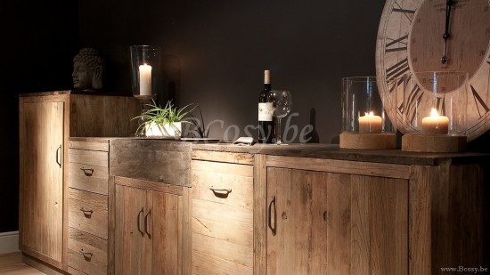 Lee&Lewis Belgique Timeless Living KITCHEN KITCH02A cuisine extérieure meuble de cuisine style rustique rural campagnard 4 modules avec évier double en pierre bleue 100 kg plateau en pierre bleue bois