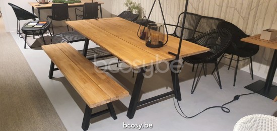 Vincent Sheppard Matteo 195x40 Banc Cadre en Aluminium Noir dessus de table Teck non traité.