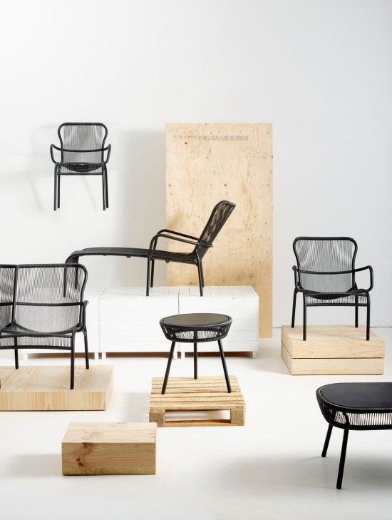 Vincent Sheppard Loop salons de jardin détente 2 places Cadre en Aluminium Noir Tressage Noir Polyéthylène.