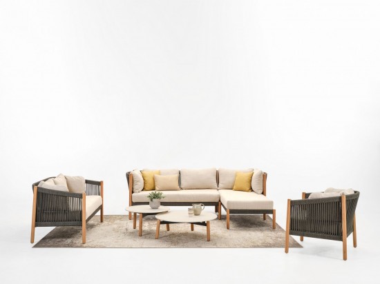 Vincent Sheppard Lento salons de jardin détente 3places Cadre en Teck non traité Corde Anthracite-Charbon Polypropylène.