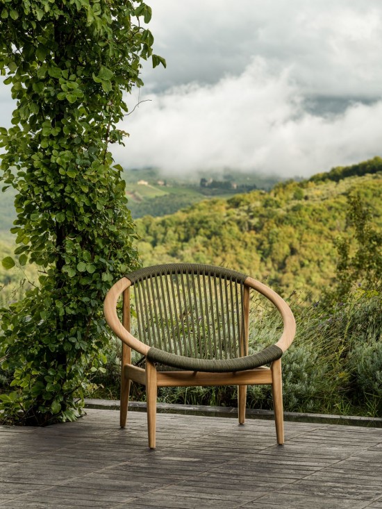 Vincent Sheppard Frida Lounge Stuhl Rahmen aus Unbehandeltes Teakholz Dunkelgrün Seil Polypropylen.