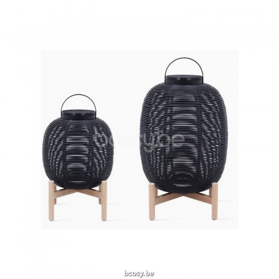 Vincent Sheppard Lanterne Tika noir H59 base teck Tika Lanterne Teck Base Small Black Cadre en Teck non traité Cordon en osier Noir Polyéthylène.