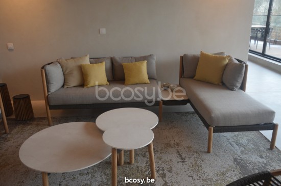 Vincent Sheppard Oda Runder Gartentisch Dia 90 Rahmen aus Unbehandelt Teakholz Tischplatte Portland Keramik.