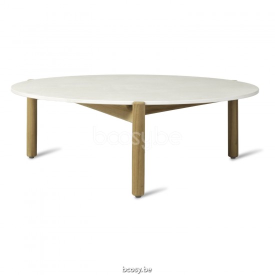 Vincent Sheppard Oda Ronde Tuinsalontafel Dia 90 Onbehandeld Teak Houten frame Portland Keramiek Tafelblad.